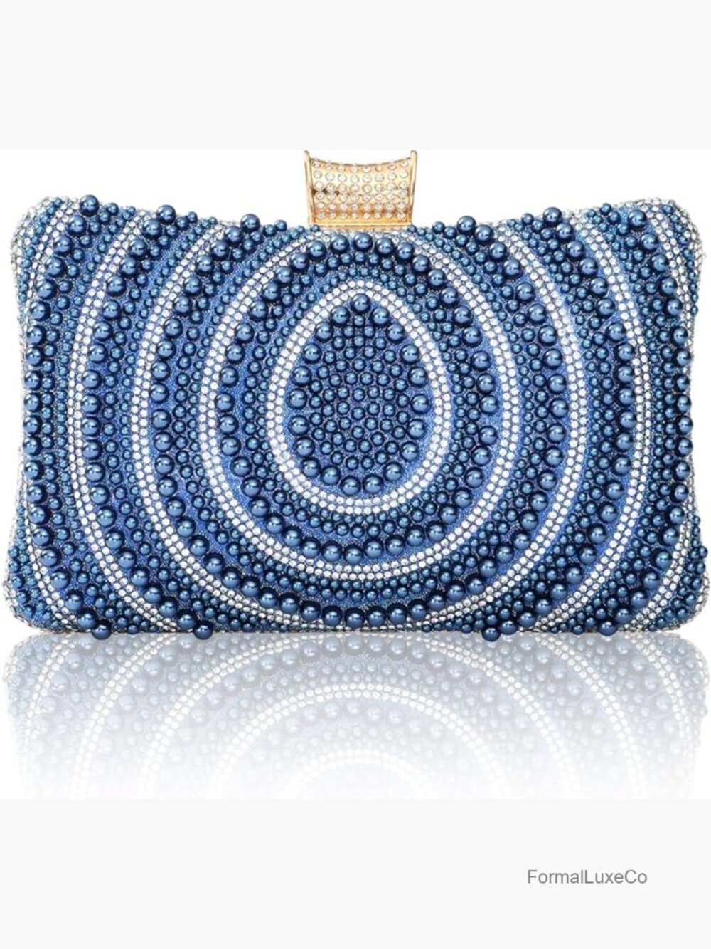Pearl Beaded Evening Clutch with Detachable Chain, Satin Back, 7.9x4.9 Inches